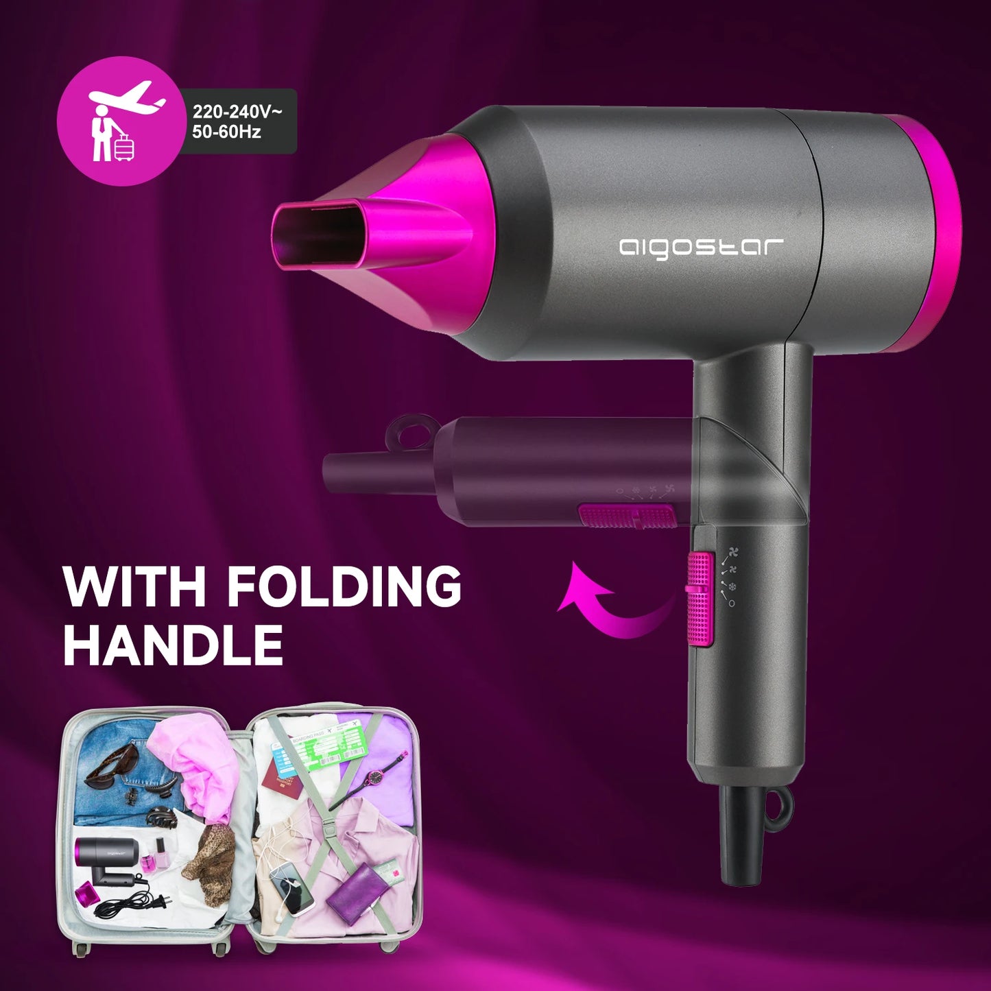Secador de Pelo AIGOSTAR 1800W – Plegable, 3 Temperaturas y Protección Sobrecalentamiento