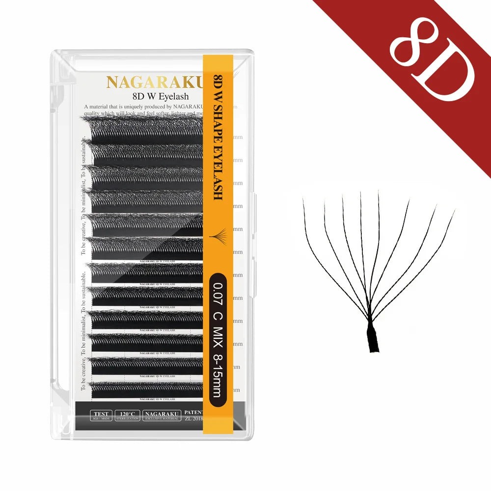 NAGARAKU Extensiones de Pestañas W Shape Premade Fan — 3D a 8D, Fibra Nano PBT Suave